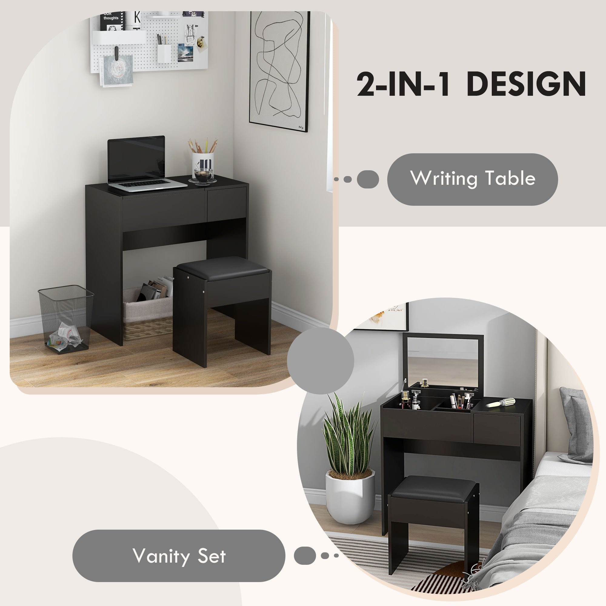 Mia Modern Vanity Set with Flip Top Mirror-Black