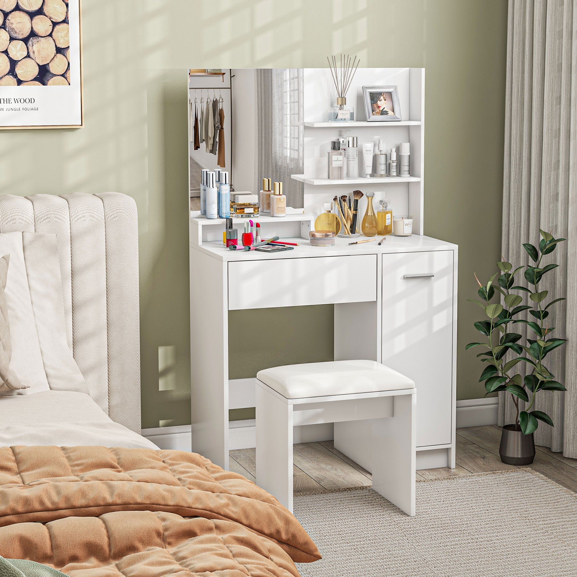 Elise Makeup Vanity Set with Mirror, Stool and Adjustable Shelves-White
