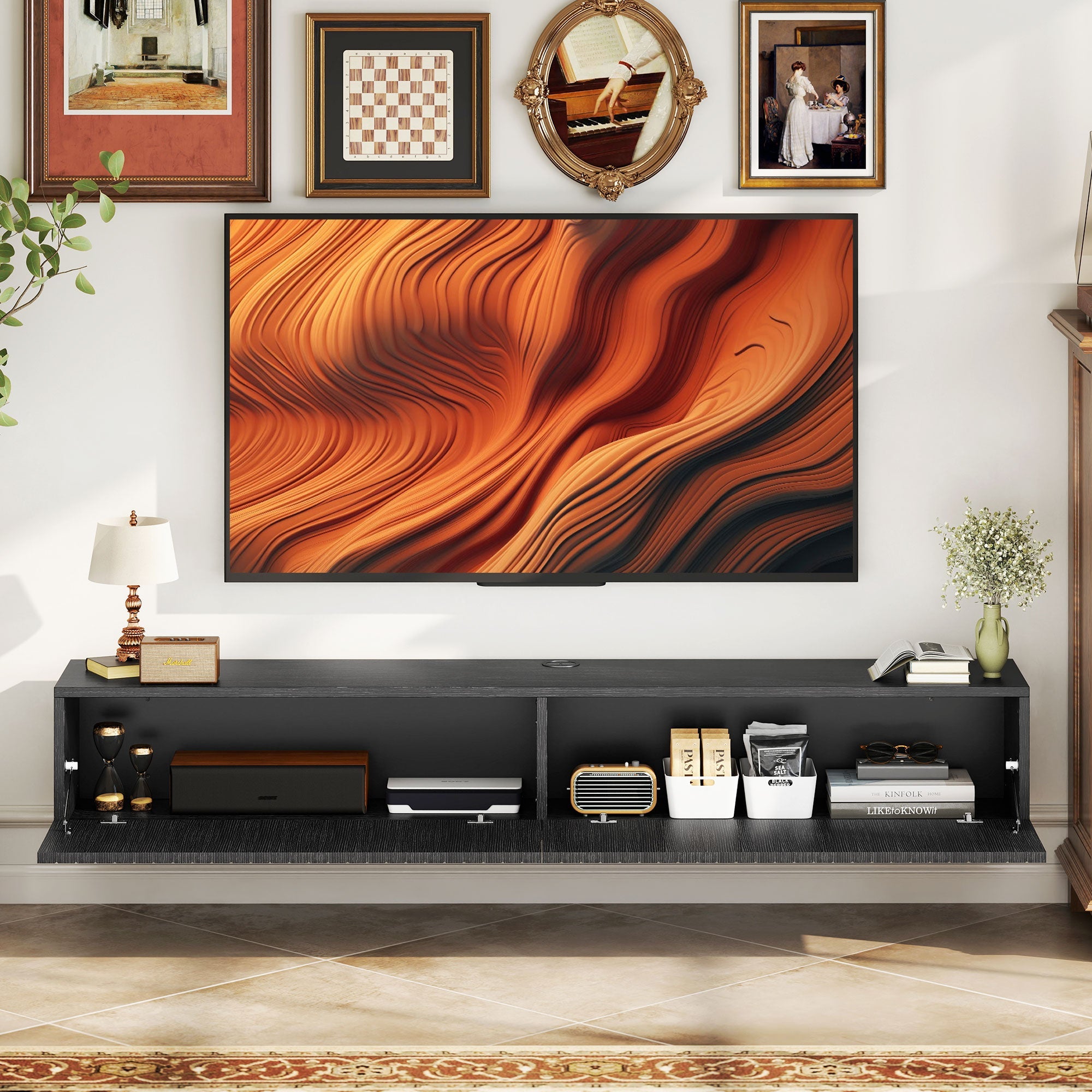 Jesse 55" Floating TV Stand with 2 Fluted Flip-Down Doors for TVs up to 72"-Black