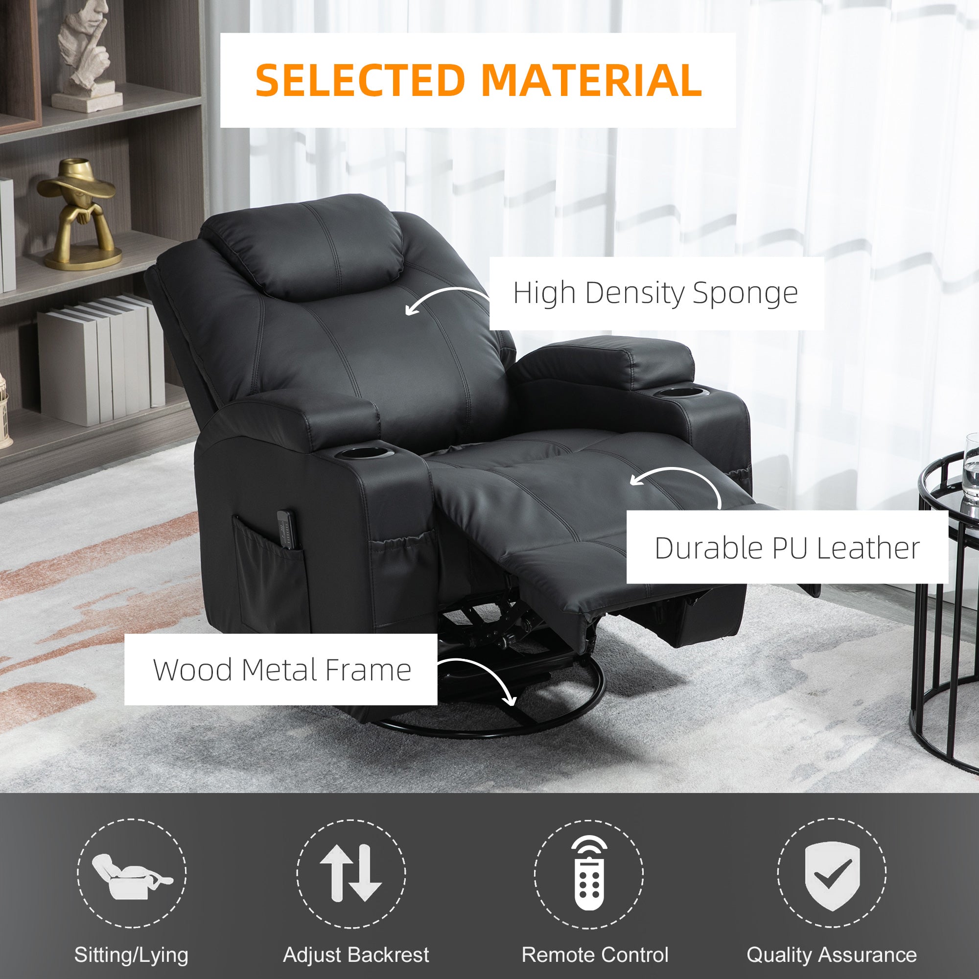 Brady Massage Recliner Chair with Swivel, Rocker Features and  8 Vibration Points-Black