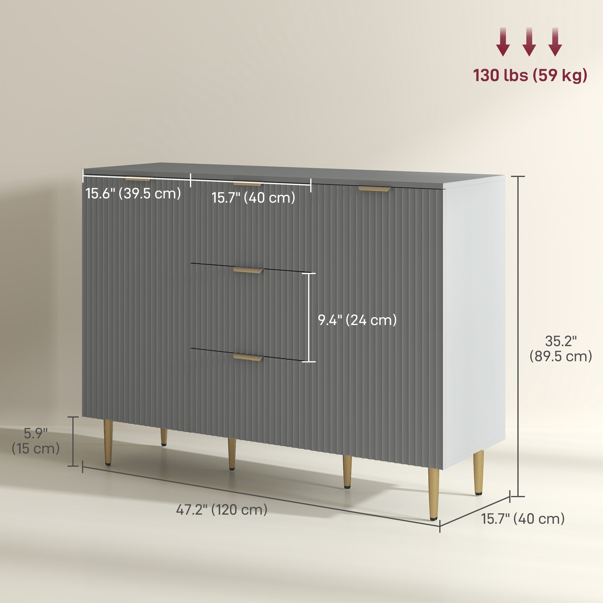 Ellis Modern Kitchen Buffet/Hallway Cabinet with 3 Drawers-Grey
