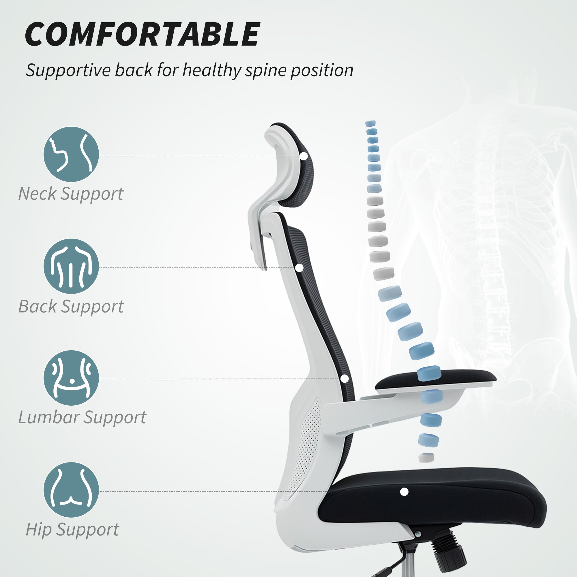 Andre Ergonomic Office Chair with 2D Lumbar Support and adjustable Headrest-Black/White