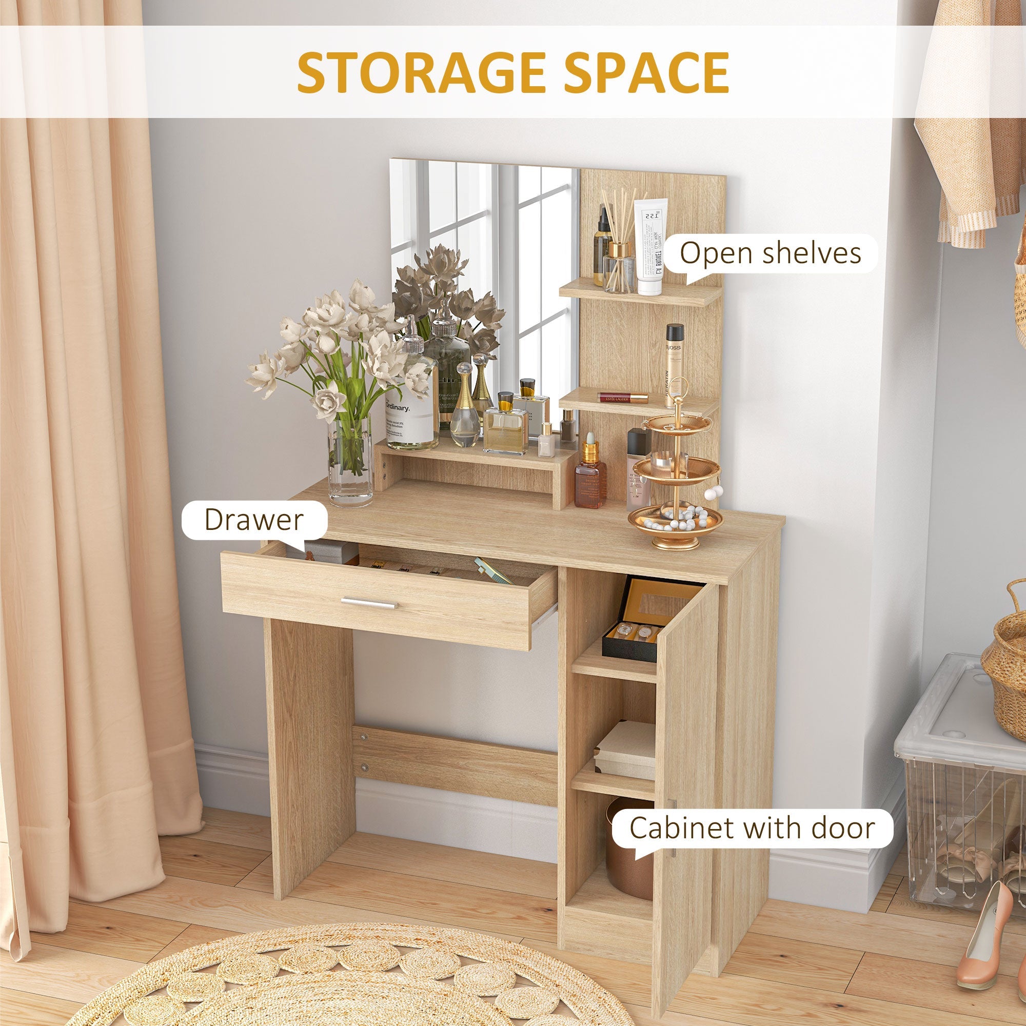 Evelyn Vanity Desk with Mirror and Adjustable Shelves