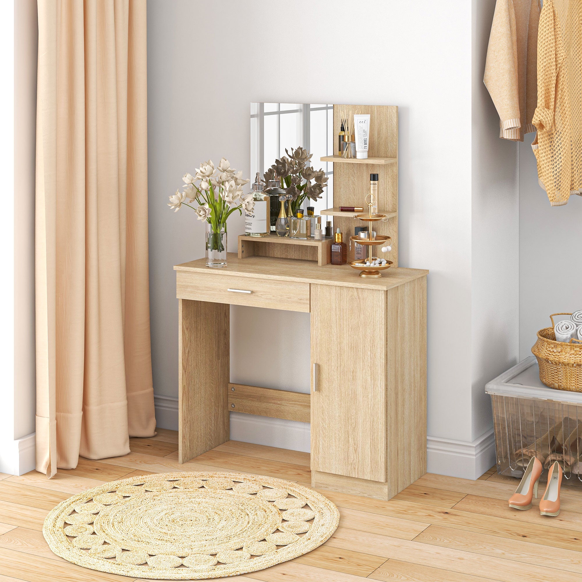 Evelyn Vanity Desk with Mirror and Adjustable Shelves