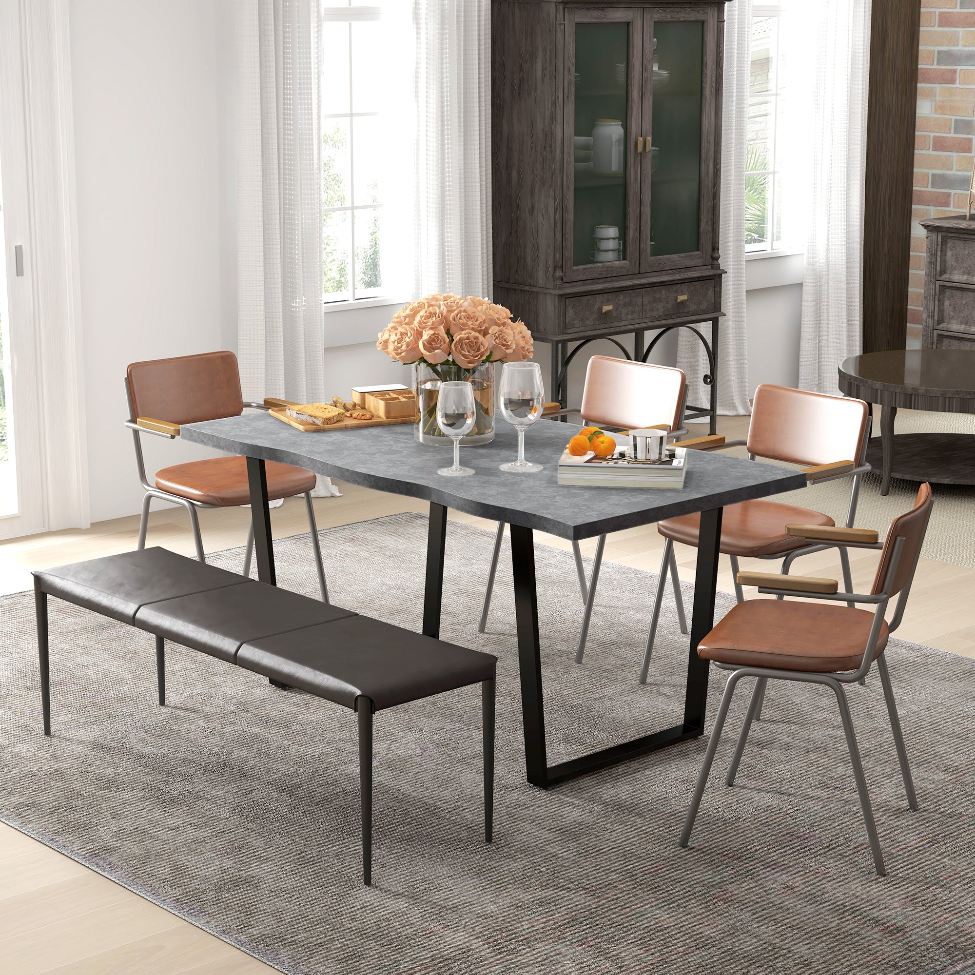 Ashton 63" Dining Table with Wave-edged Tabletop and Steel Legs-Cement Grey