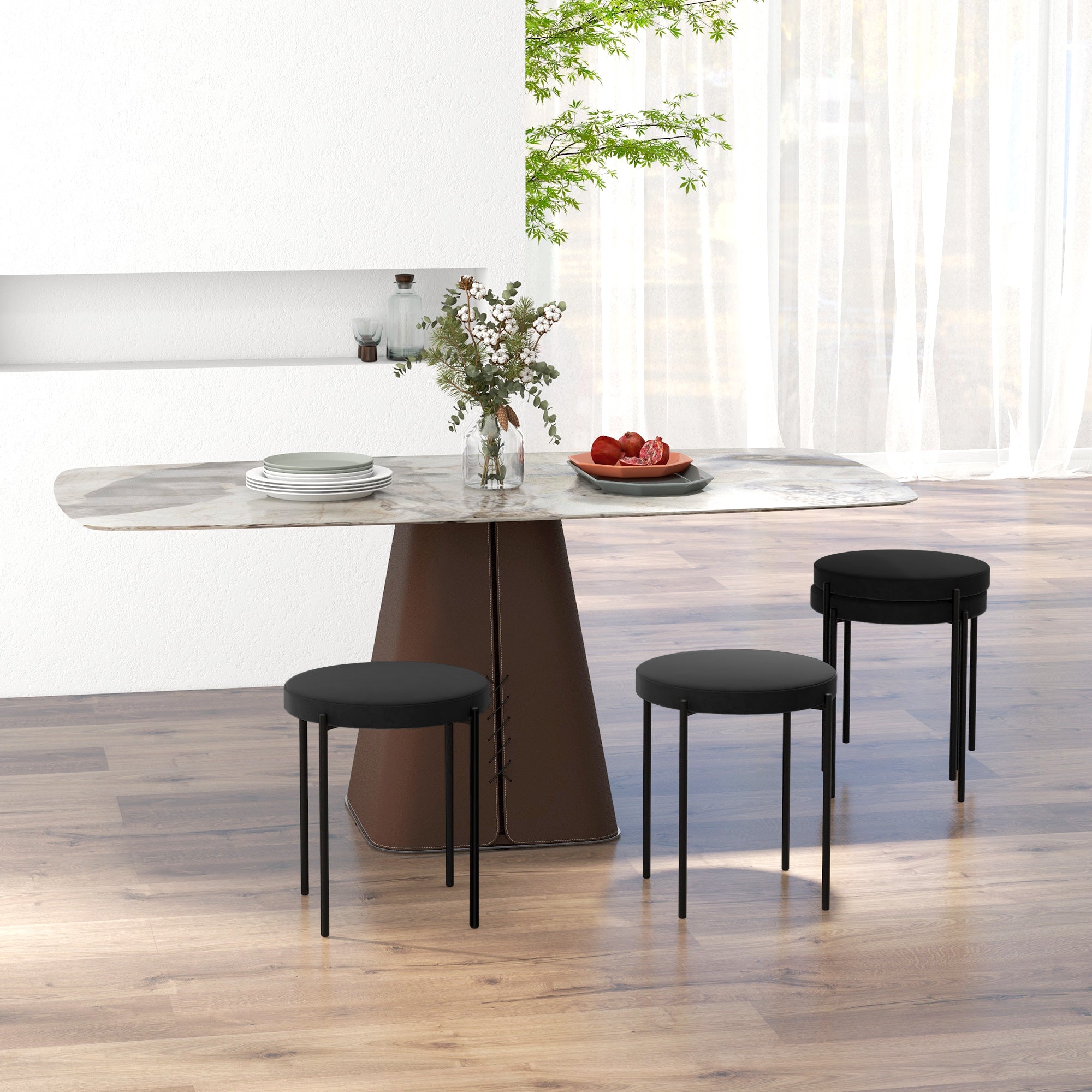 Noel Backless Round Dining Stools-Set of 4 with Metal Legs-Black