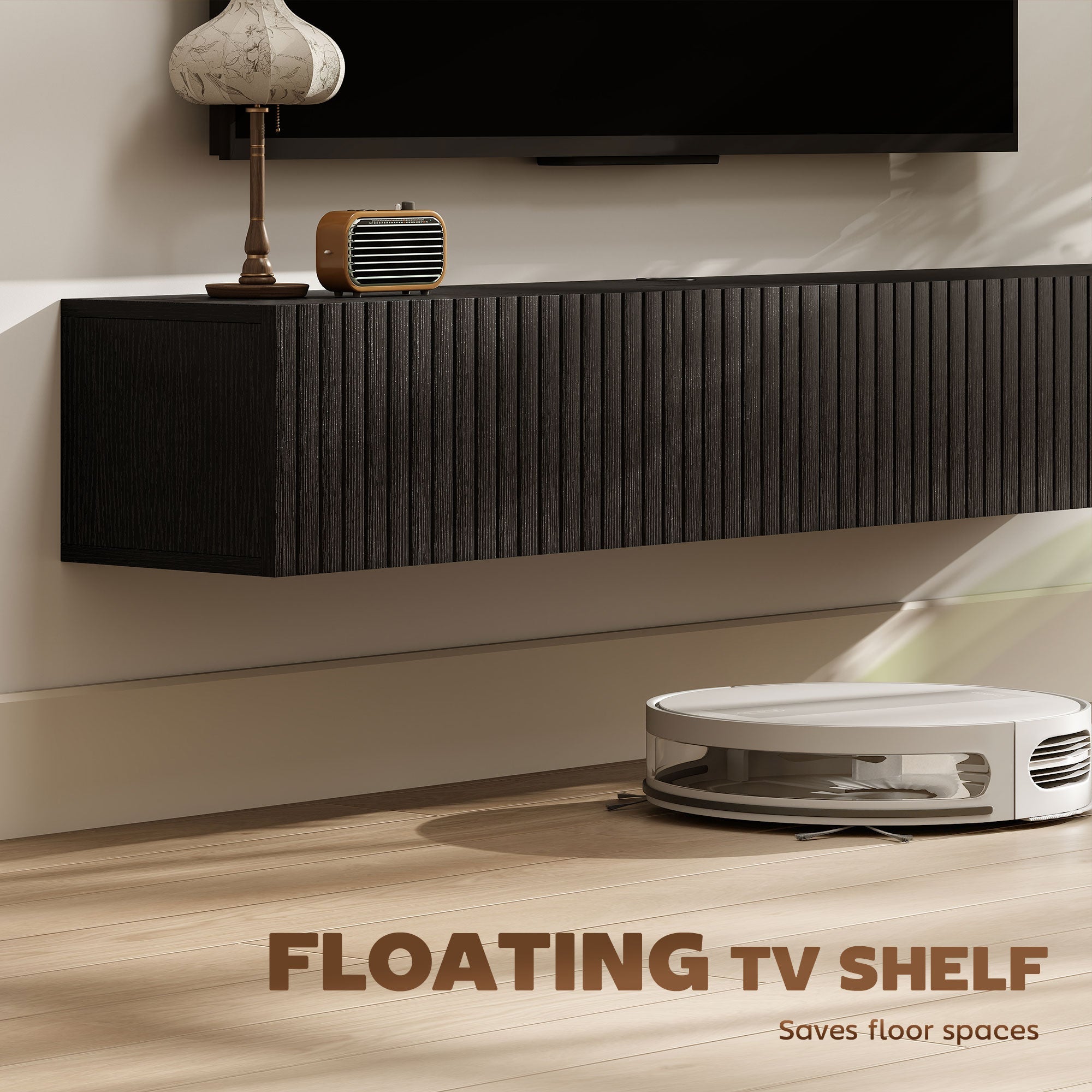 Jesse 55" Floating TV Stand with 2 Fluted Flip-Down Doors for TVs up to 72"-Black