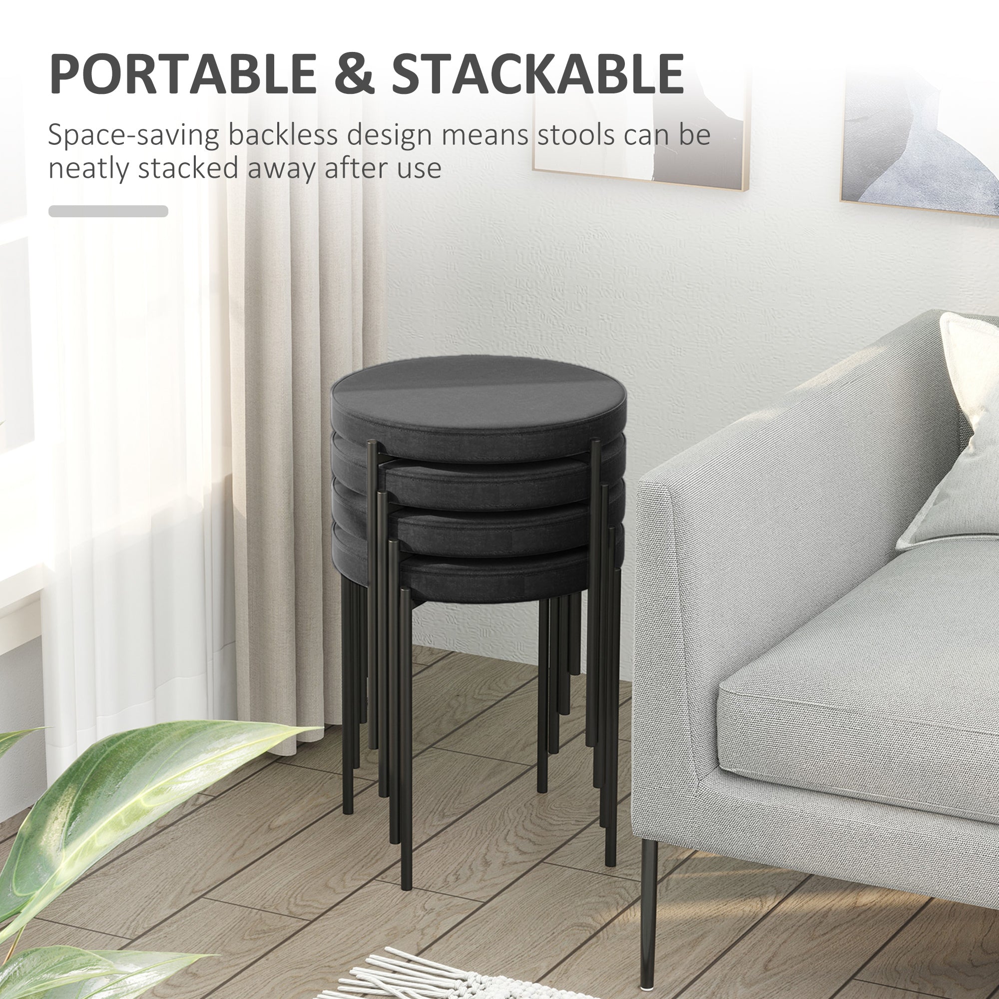Noel Backless Round Dining Stools-Set of 4 with Metal Legs-Black