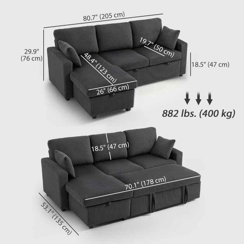 Leo 81" Sleeper Sectional with Storage Chaise-Dark Grey