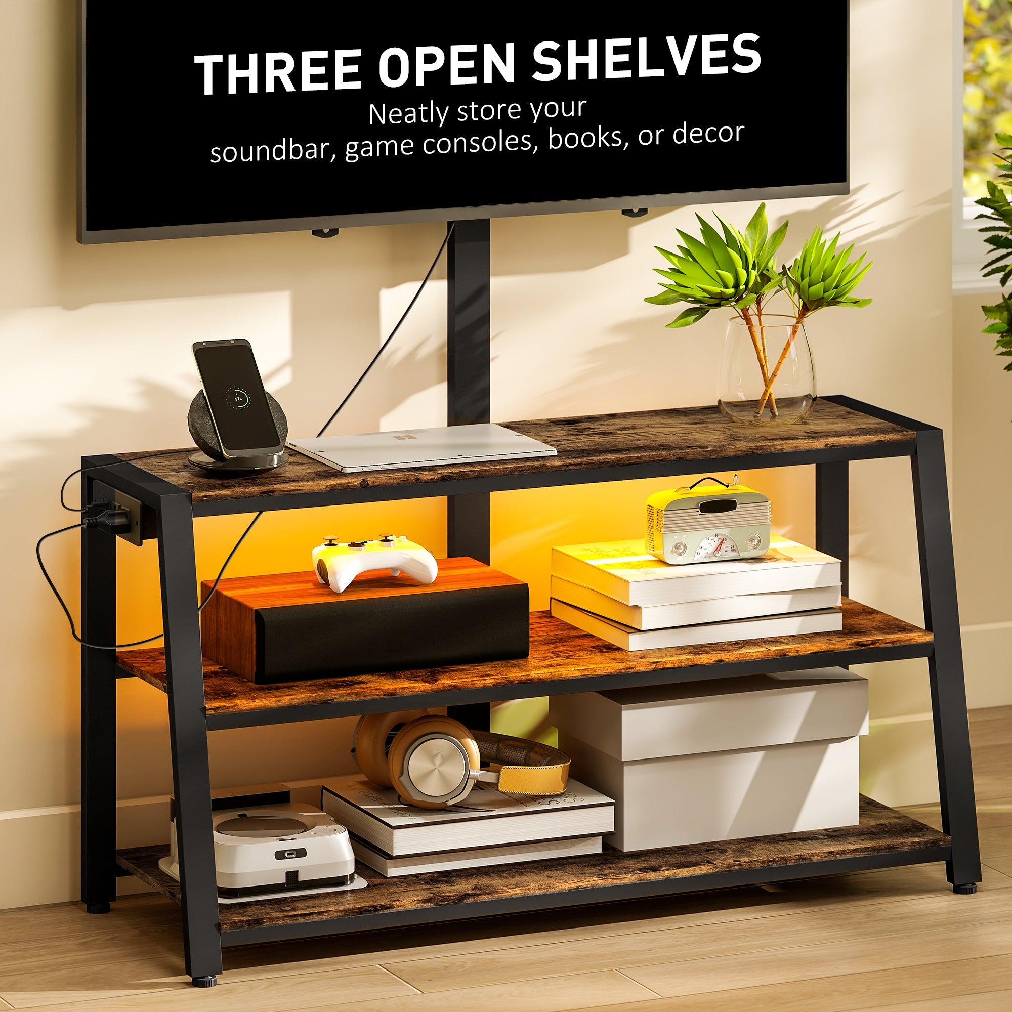 Bay TV Stand with Swivel Mount, Power Outlet and LED Lights for 32-70" TVs-Rustic Brown