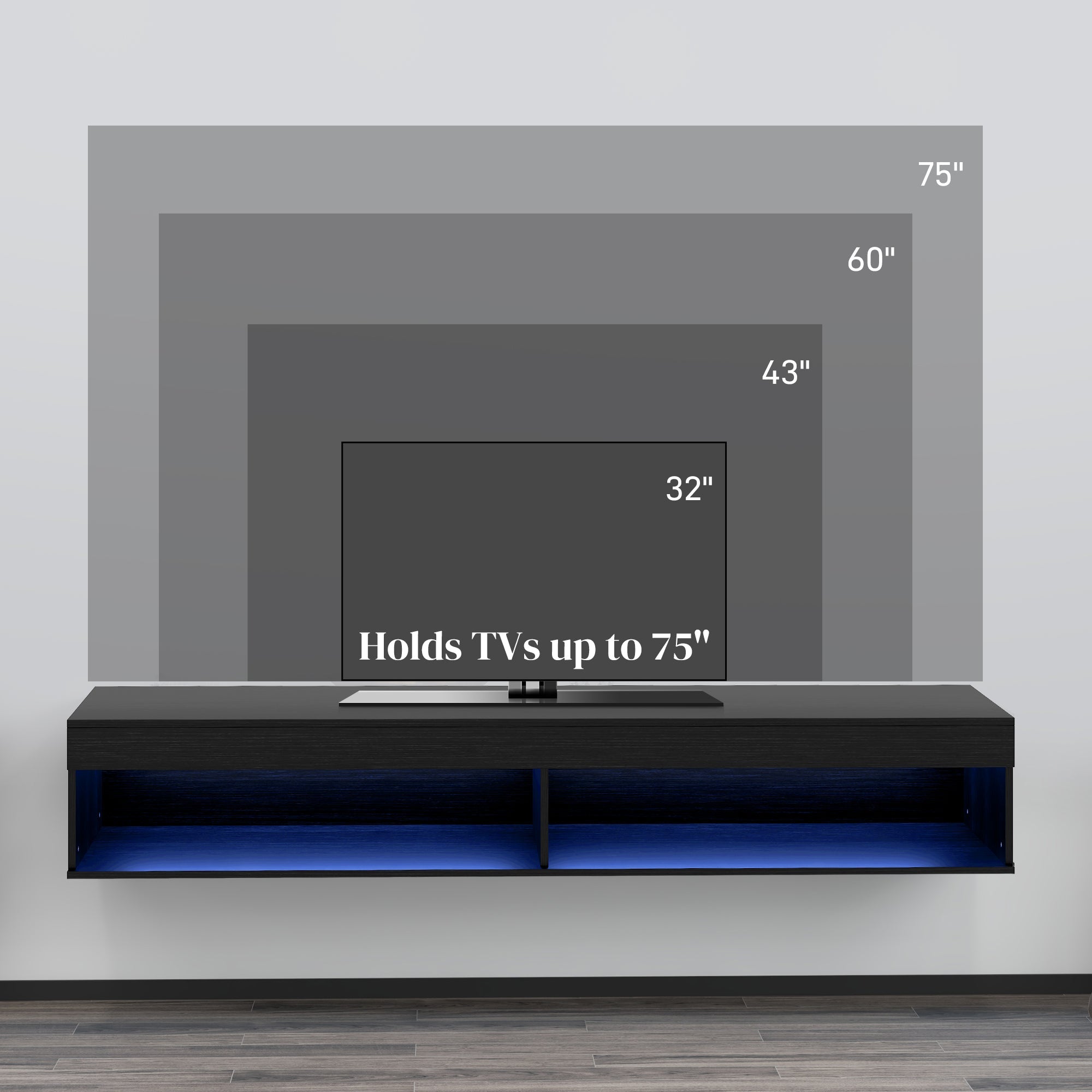 Lane Modern Wall Mounted TV Stand with Storage and LED Lights-Black