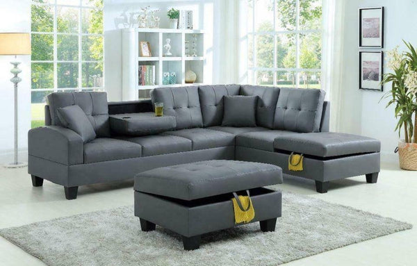 Grey/Black Sectional Sofa + Storage Ottoman - 1001 - Furnish 4Less