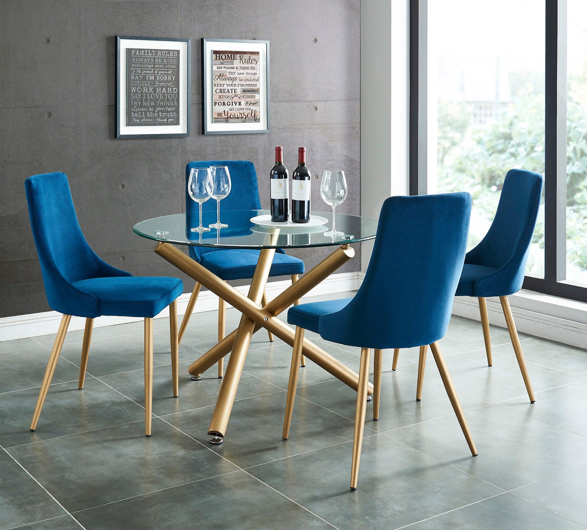 Carmilla 5pc Dining Set in Aged Gold with Blue Chair - Furnish 4 Less