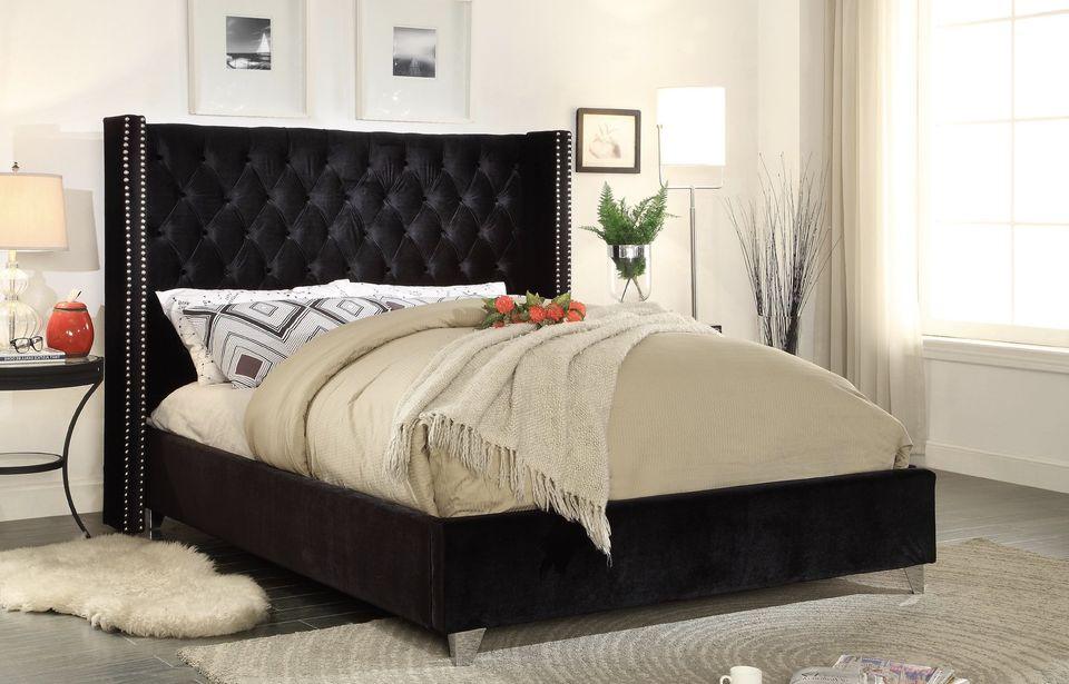 Velvet Fabric Queen Size Bed Frame and Button-Tufted Headboard with Chrome Stud Detailing - 3319 - Furnish 4Less