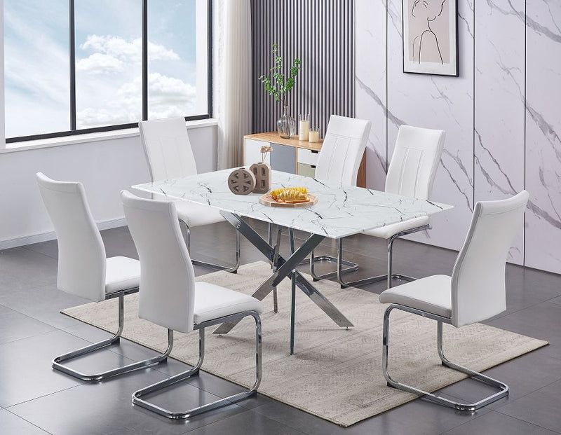 7pc White Marble-Look Dining Set - IF-1442