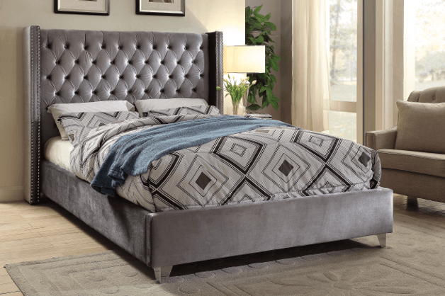 Velvet Fabric Queen Size Bed Frame and Button-Tufted Headboard with Chrome Stud Detailing - 3319 - Furnish 4Less