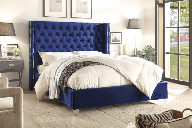 Velvet Fabric Queen Size Bed Frame and Button-Tufted Headboard with Chrome Stud Detailing - 3319 - Furnish 4Less