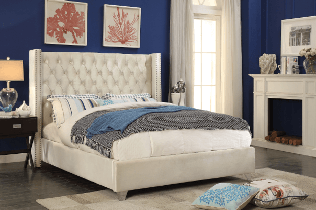 Velvet Fabric Queen Size Bed Frame and Button-Tufted Headboard with Chrome Stud Detailing - 3319 - Furnish 4Less