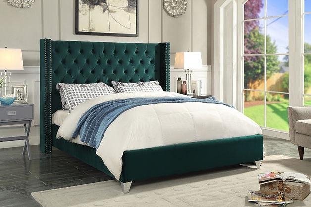 Velvet Fabric Queen Size Bed Frame and Button-Tufted Headboard with Chrome Stud Detailing - 3319 - Furnish 4Less